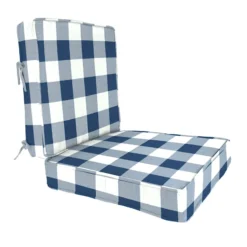 2-Piece Navy Blue Buffalo Plaid Outdoor Gusseted Deep Seat Cushion Set
