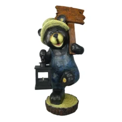 Black Bear Rustic Garden Statue With LED Lantern, 22.8"