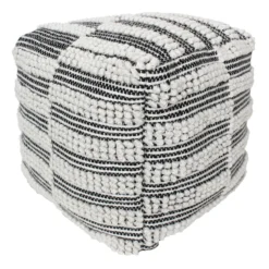 Black & Natural Outdoor & Indoor Fringe Pouf, 17"