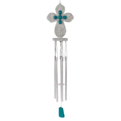 Blue Beaded Silver Cross Wind Chime, 21"