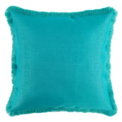 Blue Faux Linen Fringe Outdoor Throw Pillow, 18"