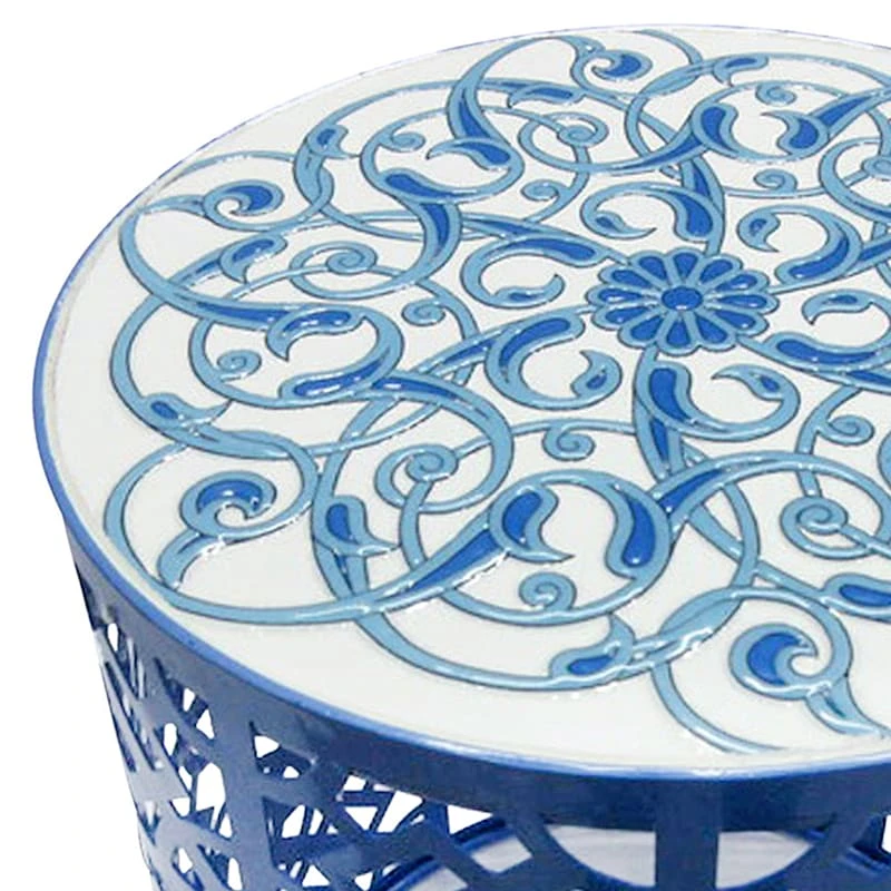 Blue Metal Plant Stand With Ceramic Tile Top, 15x11 2 Blue Metal Plant Stand With Ceramic Tile Top, 15x11 - Image 2