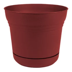 Burnt Red Textured Saturn Planter With Saucer, 14"