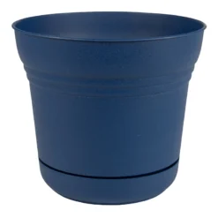 Classic Blue Textured Saturn Planter With Saucer, 12"