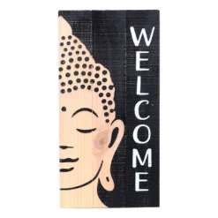 Found & Fable Welcome Buddha Wooden Outdoor Wall Sign, 12x24
