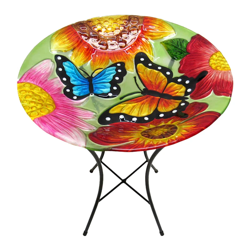 Glass Butterfly Bird Bath With Stand, 22.8" 1 Glass Butterfly Bird Bath With Stand, 22.8"