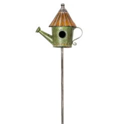 Green Metal Watering Can Birdhouse Garden Stake