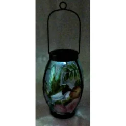 Hummingbird Scene Glass Solar Lantern With Metal Handle, 9.5" -Outdoor Corner Shop hummingbird scene glass solar lantern with metal handle 9.5 2