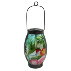 Hummingbird Scene Glass Solar Lantern With Metal Handle, 9.5"