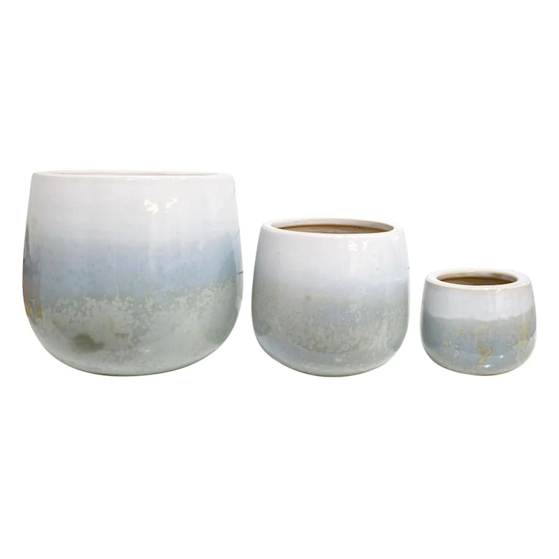 Indoor 2-Tone White & Light Blue Glazed Ceramic Pot, 9" 2 Indoor 2-Tone White & Light Blue Glazed Ceramic Pot, 9" - Image 2