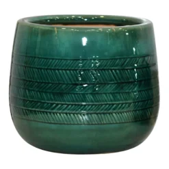 Indoor Emerald Green Glazed Herringbone Scratched Ceramic Pot, 5"