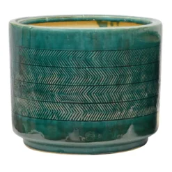 Indoor Emerald Green Glazed Herringbone Scratched Ceramic Pot, Large