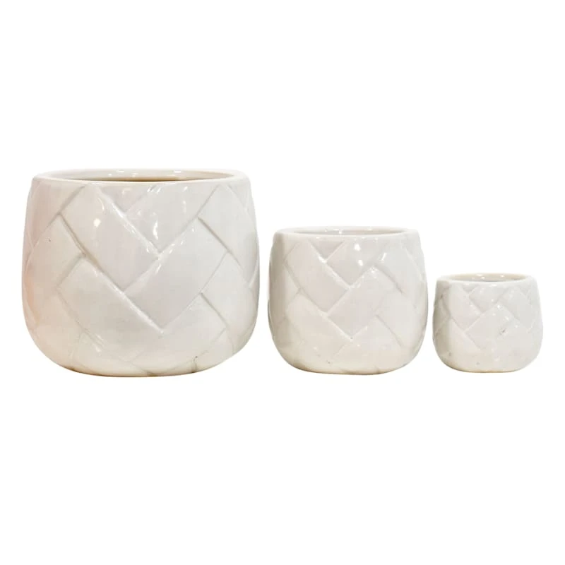 Indoor White Glazed Weave Textured Ceramic Pot, Large 2 Indoor White Glazed Weave Textured Ceramic Pot, Large - Image 2
