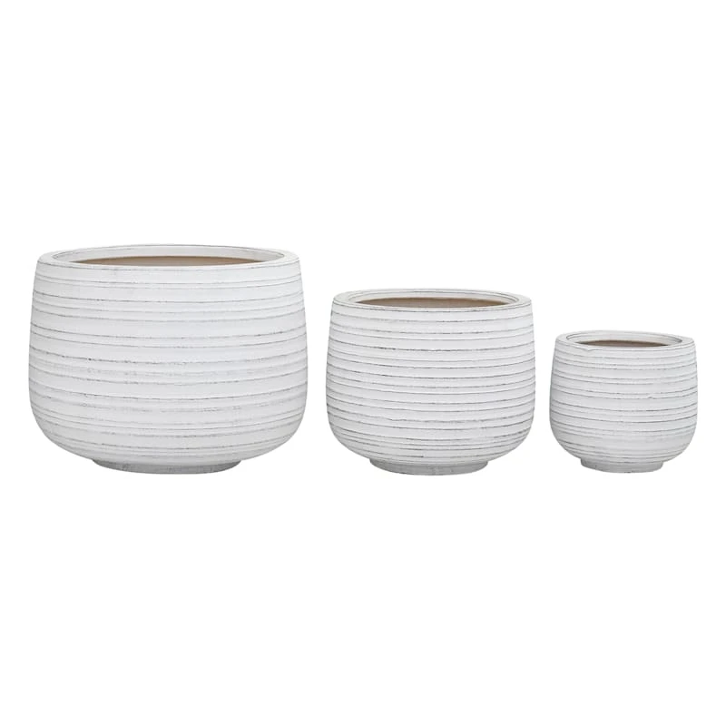 Indoor Whitewashed Horizontal Lines Ceramic Pot, 8" 2 Indoor Whitewashed Horizontal Lines Ceramic Pot, 8" - Image 2