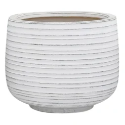 Indoor Whitewashed Horizontal Lines Ceramic Pot, 8"