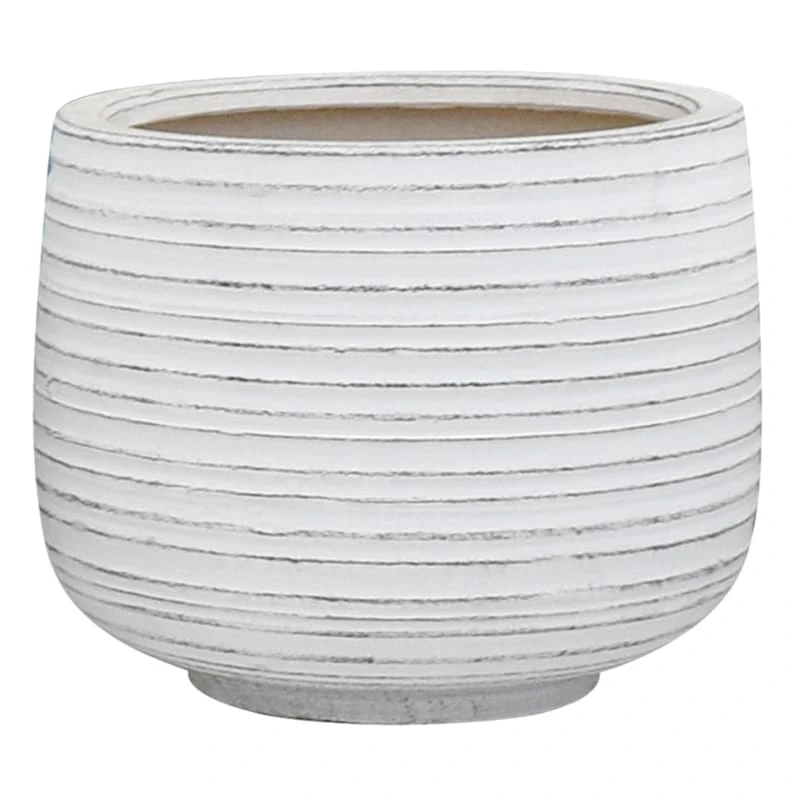 Indoor Whitewashed Horizontal Lines Ceramic Pot, 8" 1 Indoor Whitewashed Horizontal Lines Ceramic Pot, 8"
