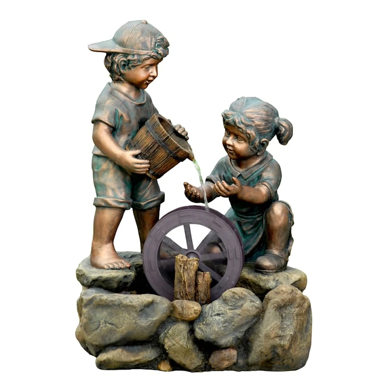 Kids With Waterwheel Natural Stone-Look Outdoor Fountain, 26.5x13 1 Kids With Waterwheel Natural Stone-Look Outdoor Fountain, 26.5x13