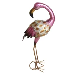 LED Metal Flamingo Garden Statue With Timer, 30"