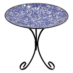 Medium Blue Mosaic Bird Bath With Stand, 21"
