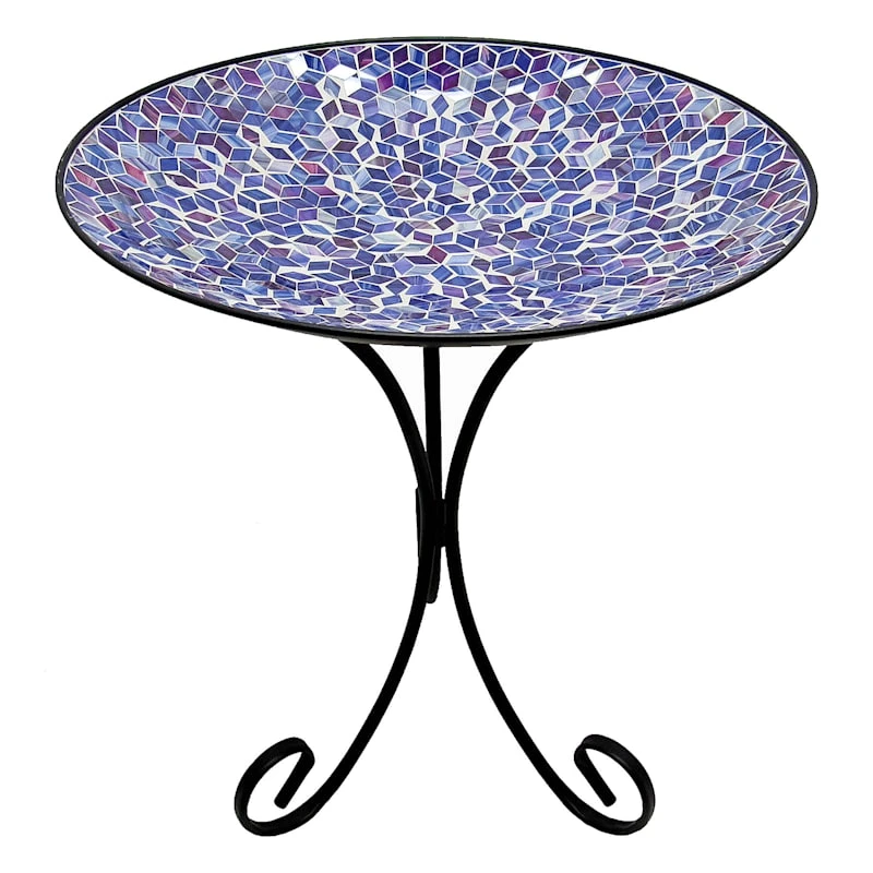 Medium Blue Mosaic Bird Bath With Stand, 21" 1 Medium Blue Mosaic Bird Bath With Stand, 21"