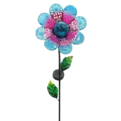 Metal Glass Flower Garden Stake & Solar Panel, 41"