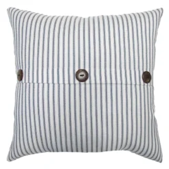 Navy Ticking Striped Outdoor Throw Pillow With Buttons, 18"