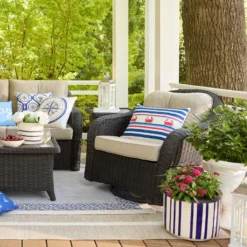 Providence Indoor Blue & White Striped Ceramic Pot, Large -Outdoor Corner Shop providence indoor blue white striped ceramic pot large 2