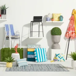 Ray Yellow & Blue Geo Outdoor Throw Pillow, 17" -Outdoor Corner Shop ray yellow blue geo outdoor throw pillow 17 5