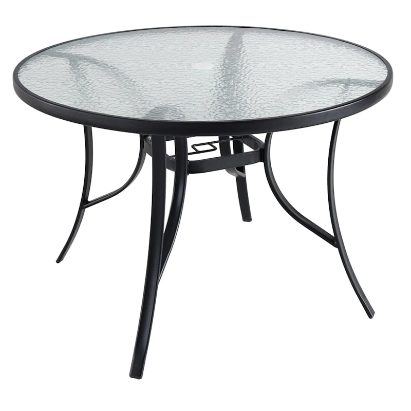 Round Water Wave Glass Top Outdoor Dining Table, Black 1 Round Water Wave Glass Top Outdoor Dining Table, Black
