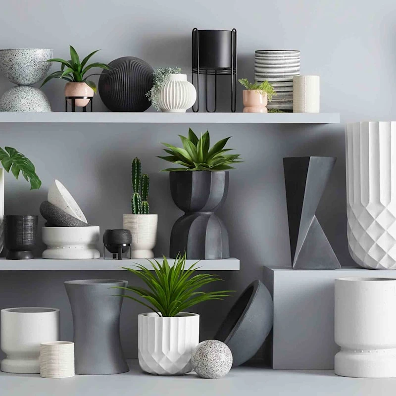 Short White Cylindrical Diamond Ribbed Shadow Planter, 14" 2 Short White Cylindrical Diamond Ribbed Shadow Planter, 14" - Image 2