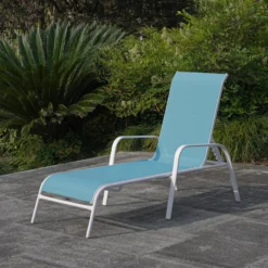 Stackable Aquarelle Blue Sling Outdoor Chaise Lounge Chair With White Frame -Outdoor Corner Shop stackable aquarelle blue sling outdoor chaise lounge chair with white frame 6