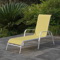 Stackable Yellow Sling Outdoor Chaise Lounge Chair With White Frame -Outdoor Corner Shop stackable yellow sling outdoor chaise lounge chair with white frame 6