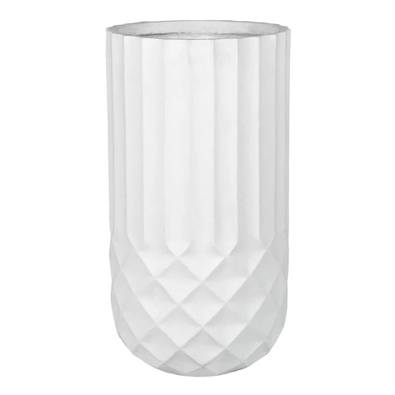 Tall White Cylindrical Diamond Ribbed Shadow Planter, 24.5" 1 Tall White Cylindrical Diamond Ribbed Shadow Planter, 24.5"