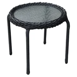 Tempered Glass Top Outdoor Wicker End Table, Black