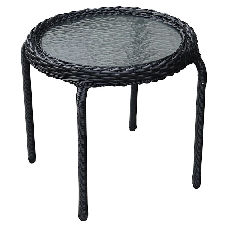Tempered Glass Top Outdoor Wicker End Table, Black 1 Tempered Glass Top Outdoor Wicker End Table, Black