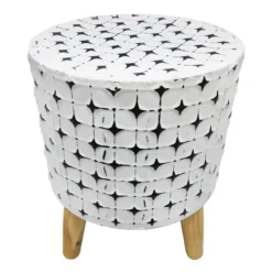 White & Black Metal Plant Stand With Wood Feet, 15"