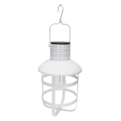 White Hanging Industrial LED Lantern With Timer, 12"