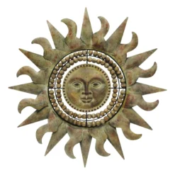 Wooden Beaded Metal Sun Face Outdoor Wall Decor, 25"